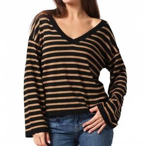 NEW MINNIE ROSE striped wide v neck sweater in black/dessert sand